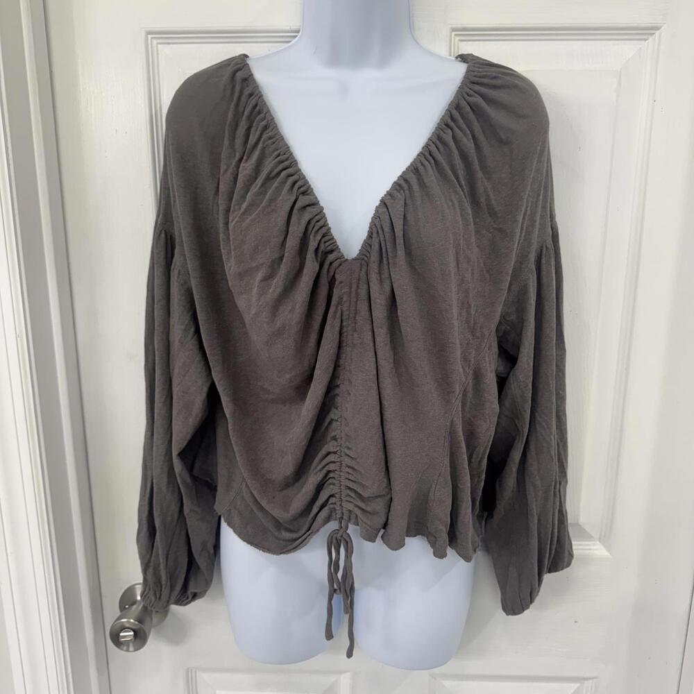 Mustard Seed‎ 100% Cotton Brown/Grey Scrunch Bell Sleeve Top